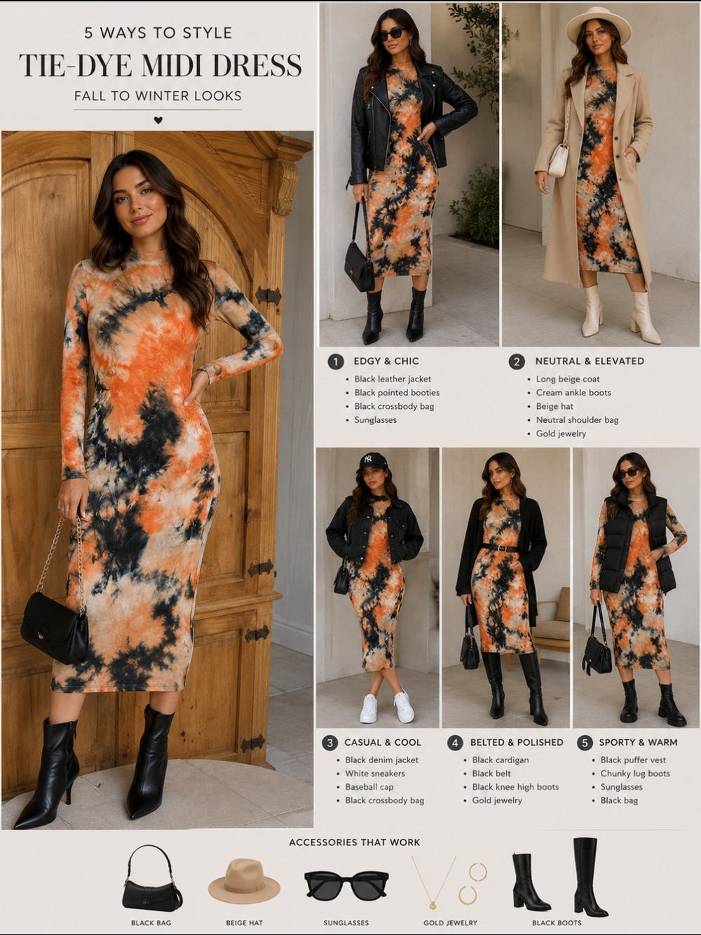 Fashion Nova Orange & Black Tie-Dye Long Sleeve Midi Dress
